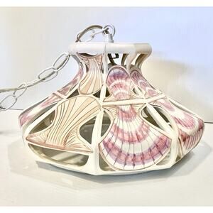 Vtg Ceramic Pendant Swag Light Studio Openwork Lamp Art Nouveau Boho Sea Shell